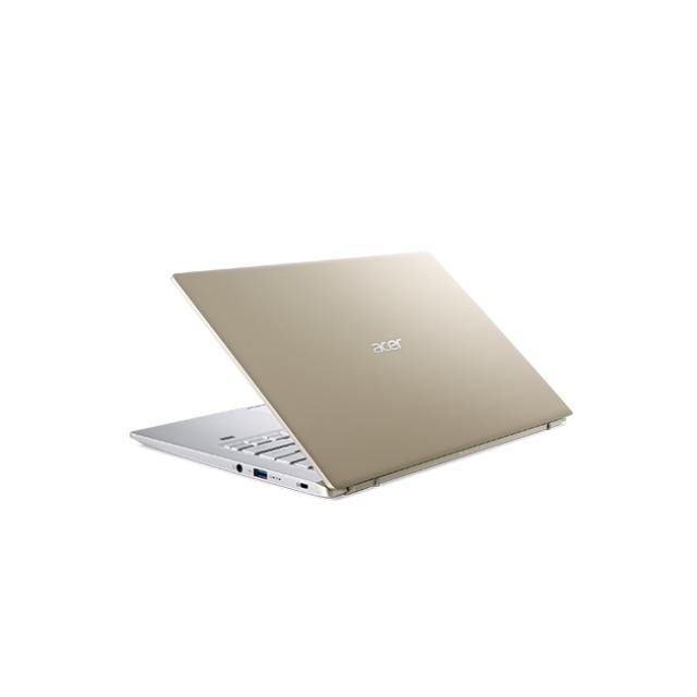 Лаптоп Acer Swift X, SFX14-41G-R55L, AMD Ryzen 7 5800U (Up to 4.4GHz, 16MB), 14" IPS FHD (1920x1080), 16GB DDR4 (8GB onboard), 1024GB PCIe SSD, RTX3050 4GB DDR6, WiFi 6AX+BT, HD Cam. with 2Mic., FPR, Win 10 Pro, Gold&Silver+Acer 7in1 Type C dongle