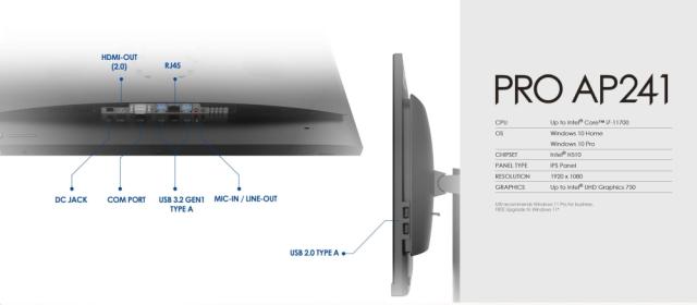 Настолен компютър - всичко в едно MSI PRO AP241 11M-244EU, AiO, i3-10105 (4C/8T 3.7GHz up to 4.40 GHz), 23.8" IPS (1920x1080) MSI Eye Care, 8GB DDR4 SO-DIMM (1 slot free up to 64GB), 256GB SSD M.2 PCIE, 1x 2.5” free, Intel WiFi, BT 5.1, COM PORT, Win