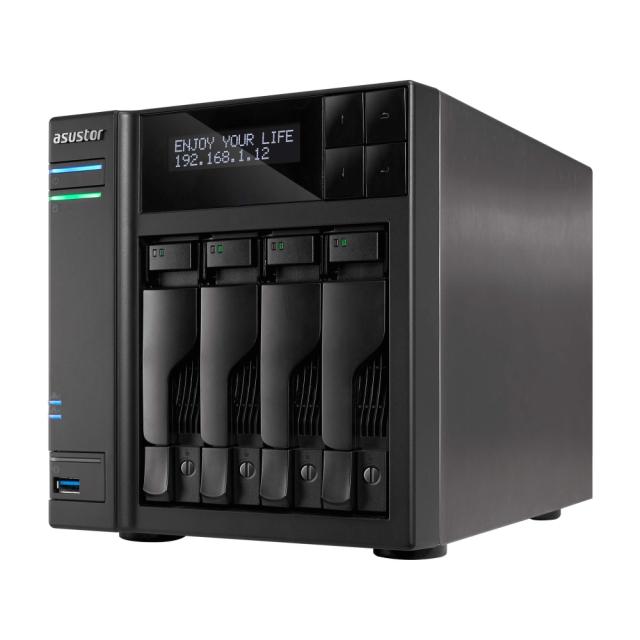 Мрежов сторидж Asustor AS6404T, 4-Bay NAS, Intel Apollo Lake Quad-Core Intel  J3455 up to 2.3 GHz, 8 GB SO-DIMM DDR3L, GbE x 2, USB 3.0 x 4 (Type A x3, Type C x1), WOW (Wake on WAN), WOL, System Sleep Mode, AES-NI hardware encryption, with lockable t