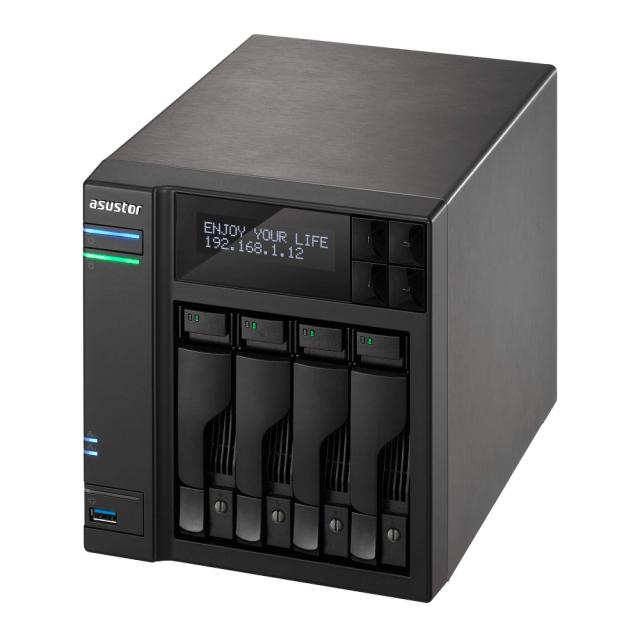 Мрежов сторидж Asustor AS6404T, 4-Bay NAS, Intel Apollo Lake Quad-Core Intel  J3455 up to 2.3 GHz, 8 GB SO-DIMM DDR3L, GbE x 2, USB 3.0 x 4 (Type A x3, Type C x1), WOW (Wake on WAN), WOL, System Sleep Mode, AES-NI hardware encryption, with lockable t