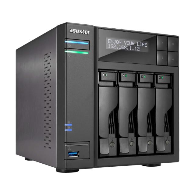 Мрежов сторидж Asustor AS6404T, 4-Bay NAS, Intel Apollo Lake Quad-Core Intel  J3455 up to 2.3 GHz, 8 GB SO-DIMM DDR3L, GbE x 2, USB 3.0 x 4 (Type A x3, Type C x1), WOW (Wake on WAN), WOL, System Sleep Mode, AES-NI hardware encryption, with lockable t