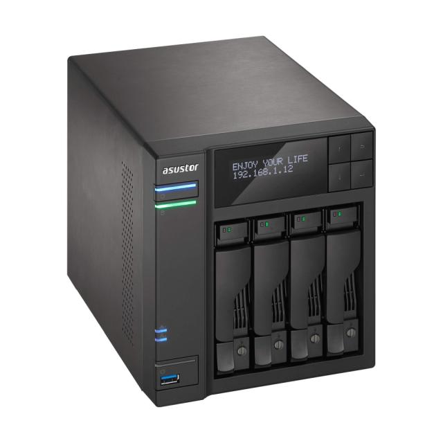 Мрежов сторидж Asustor AS6404T, 4-Bay NAS, Intel Apollo Lake Quad-Core Intel  J3455 up to 2.3 GHz, 8 GB SO-DIMM DDR3L, GbE x 2, USB 3.0 x 4 (Type A x3, Type C x1), WOW (Wake on WAN), WOL, System Sleep Mode, AES-NI hardware encryption, with lockable t