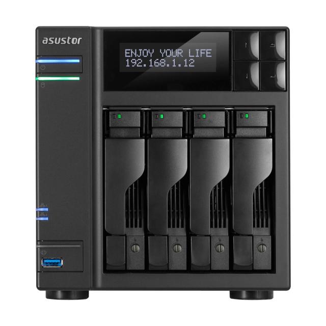 Мрежов сторидж Asustor AS6404T, 4-Bay NAS, Intel Apollo Lake Quad-Core Intel  J3455 up to 2.3 GHz, 8 GB SO-DIMM DDR3L, GbE x 2, USB 3.0 x 4 (Type A x3, Type C x1), WOW (Wake on WAN), WOL, System Sleep Mode, AES-NI hardware encryption, with lockable t
