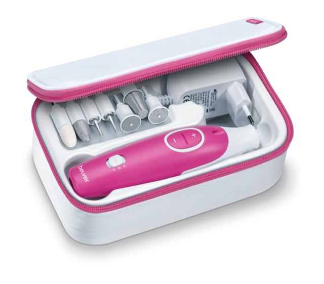 Комплект за маникюр/педикюр Beurer MP 44  Manicure / pedicure set; Includes Nail care set, 7 attachments; adjustable speed; Individually adjustable intensity from 0 to 15, left/right rotation; Magic LED display; LED light, Protective cap, storage bag