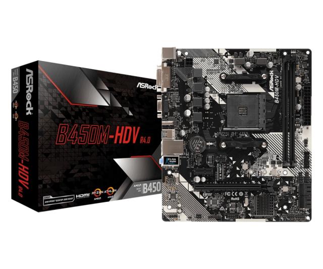 Дънна платка ASRock B450M-HDV R4.0, B450, AM4, DDR4, PCI-E, 4x SATA 6Gb/s, 1x Ultra M.2 Socket, 4x USB 3.1, HDMI, DVI, VGA, Micro ATX