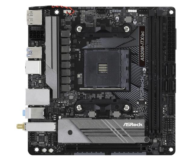 Дънна платка ASRock A520M-ITX/ac, A520, AM4, DDR4, PCI-E 3.0 (DP/HDMI), 4x SATA 6Gb/s, 1x M.2, 1x USB 3.2 Gen 1 Type-C, Bluetooth, Wi-Fi, Mini-ITX