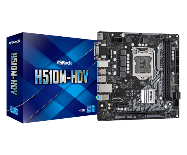 Дънна платка ASRock H510M-HDV, H510, LGA1200, 2xDDR4, (HDMI/DVI/VGA), PCI-E 4.0, 4x SATA 6Gb/s, 2x USB 3.2 Gen 1, Micro ATX