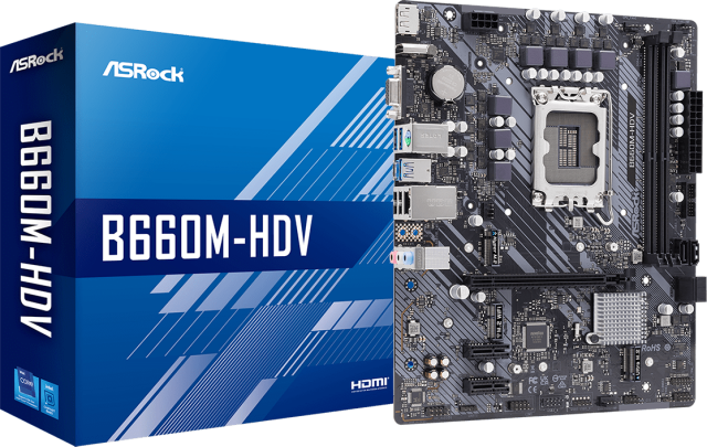 Дънна платка ASRock B660M-HDV, B660, LGA1700, 2 x DDR4, (DP&HDMI&VGA), PCI-E 4.0, 4x SATA 6Gb/s, 2x M.2, 1x USB 3.2 Gen1 Type-C, mATX