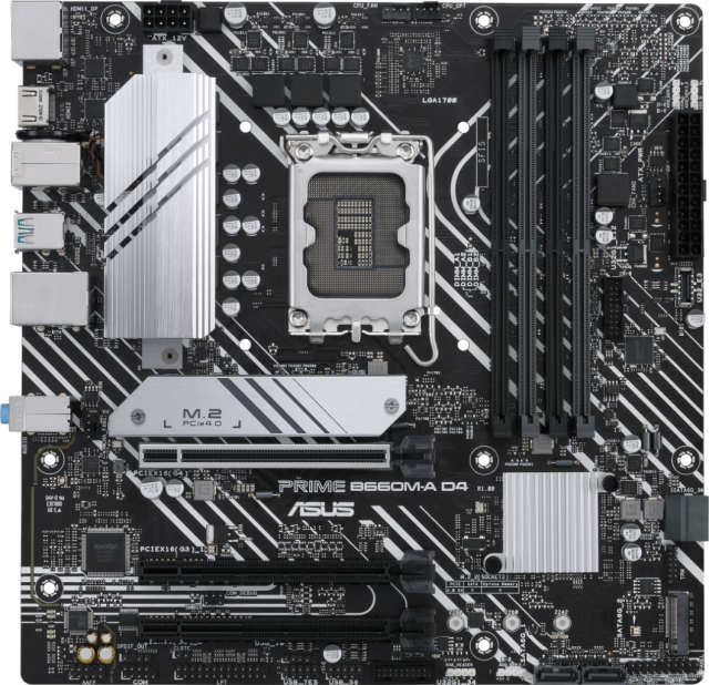 Дънна платка Asus Prime B660M-A D4, B660, LGA1700, DDR4, PCI-E 4.0, (DP&HDMI), 4x SATA 6Gb/s, Dual M.2, 2x USB 3.2 Gen 2, Aura Sync RGB, mATX