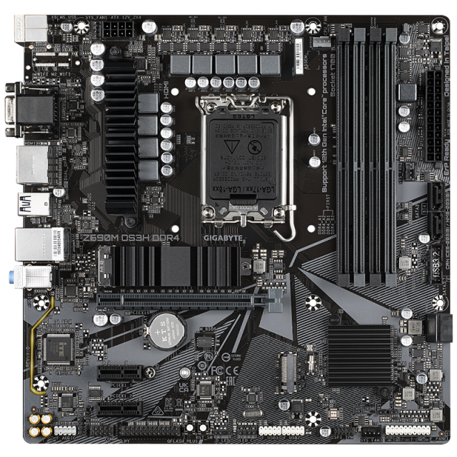 Дънна платка Gigabyte Z690M DS3H, Z690, LGA 1700, DDR4, PCI-E 4.0, (DP&HDMI&VGA), 4x SATA 6Gb/s, 2x M.2, 1x USB Type-C, RGB Fusion, mATX
