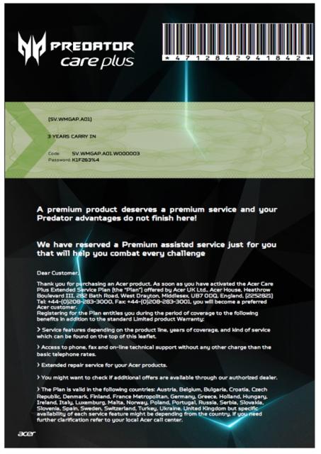 Допълнителна гаранция Acer 3Y Carry In Warranty Extension for Notebook Predator, Nitro series, Virtual Booklet