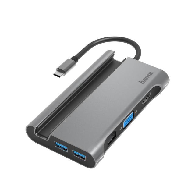 Мултипортов адаптер HAMA 7 в 1, 3x USB-A 3.2, HDMI™, VGA, LAN/Ethernet, USB-C (PD), Сив