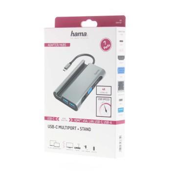 Мултипортов адаптер HAMA 7 в 1, 3x USB-A 3.2, HDMI™, VGA, LAN/Ethernet, USB-C (PD), Сив
