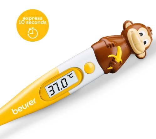 Термометър Beurer BY 11 Monkey clinical thermometer, Contact-measurement technology,temperature alarm as from 37.8 C°, Display in C° and F°,Flexible measuring tip;Protective cap; Waterproof tip and display