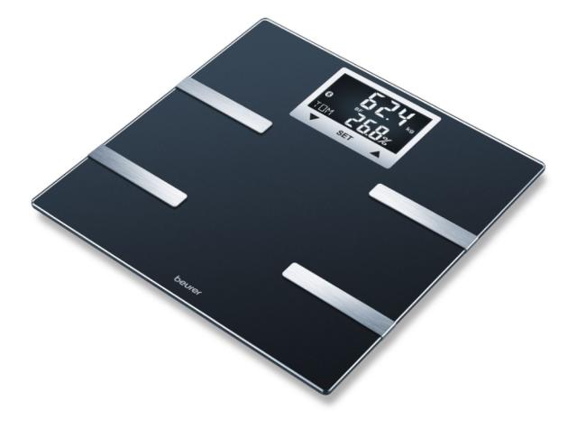 Везна Beurer BF 720 BT diagnostic bathroom scale in black, Weight, body fat, body water, muscle percentage, bone mass, AMR/BMR calorie display; BMI calculation; Black LCD display; white illumination with display of user's initials; Bluetooth; 180 kg 