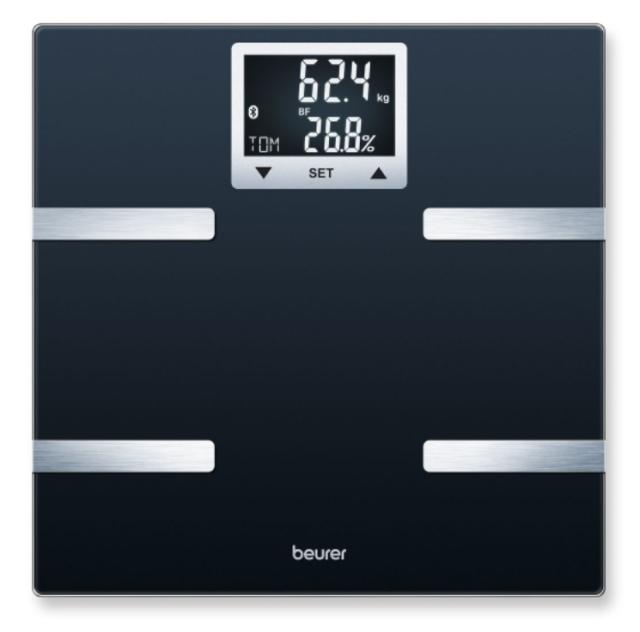 Везна Beurer BF 720 BT diagnostic bathroom scale in black, Weight, body fat, body water, muscle percentage, bone mass, AMR/BMR calorie display; BMI calculation; Black LCD display; white illumination with display of user's initials; Bluetooth; 180 kg 