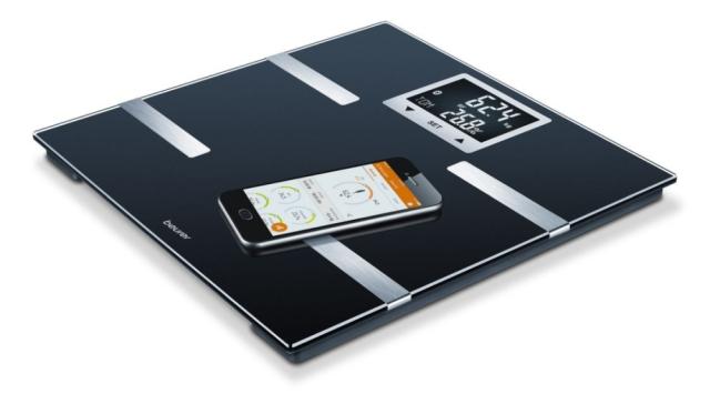 Везна Beurer BF 720 BT diagnostic bathroom scale in black, Weight, body fat, body water, muscle percentage, bone mass, AMR/BMR calorie display; BMI calculation; Black LCD display; white illumination with display of user's initials; Bluetooth; 180 kg 