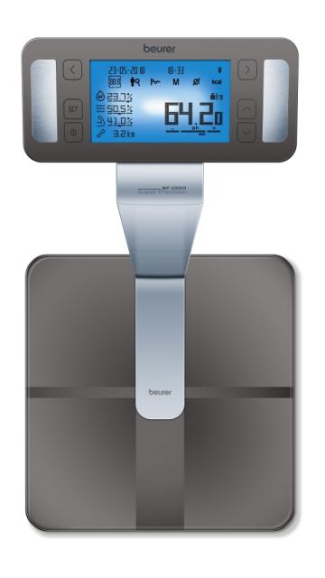Везна Beurer BF 1000 Super Precision, diagnostic bathroom scale, Weight, body fat, body water, muscle percentage, bone mass, AMR/BMR calorie display; Bluetooth; 200 kg / 50 g
