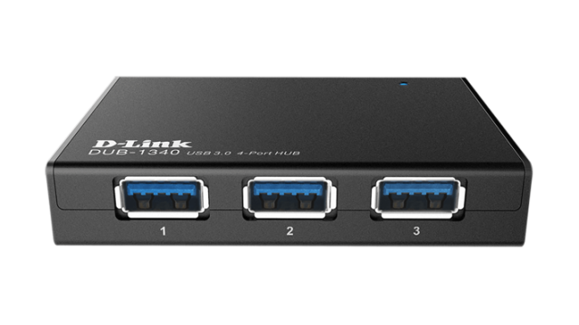 USB хъб D-Link DUB-1340, 4 x USB 3.0, с захранване, Черен