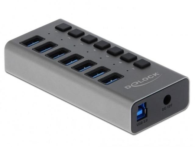 USB хъб Delock 63669, 7-портов, 7 x USB-A, 1 x USB-B, 5 Gbps, Превключвател, LED индикатор, Сив