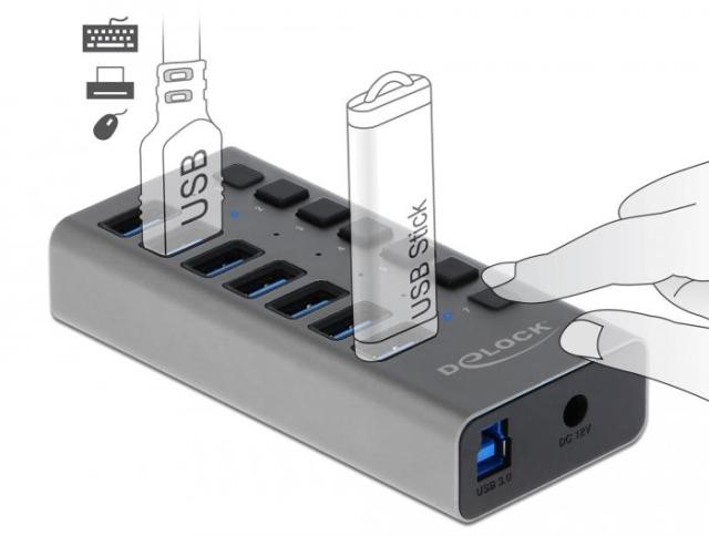 USB хъб Delock 63669, 7-портов, 7 x USB-A, 1 x USB-B, 5 Gbps, Превключвател, LED индикатор, Сив