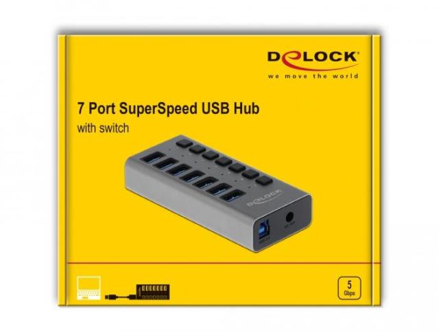USB хъб Delock 63669, 7-портов, 7 x USB-A, 1 x USB-B, 5 Gbps, Превключвател, LED индикатор, Сив