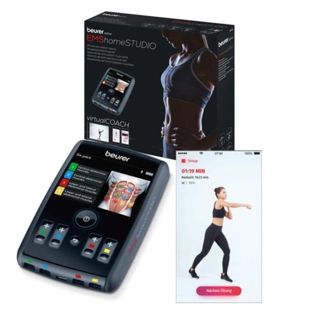 Масажор Beurer  EM 95 High-end EMS device with Bluetooth, for muscle stimulation, 4 separately adjustable channels, 4 cuffs (for arms and legs), 8 self-adhesive gel electrodes (45x45mm),3 difficulty levels,40 programs,Colour 3.5” TFT display,Beurer C