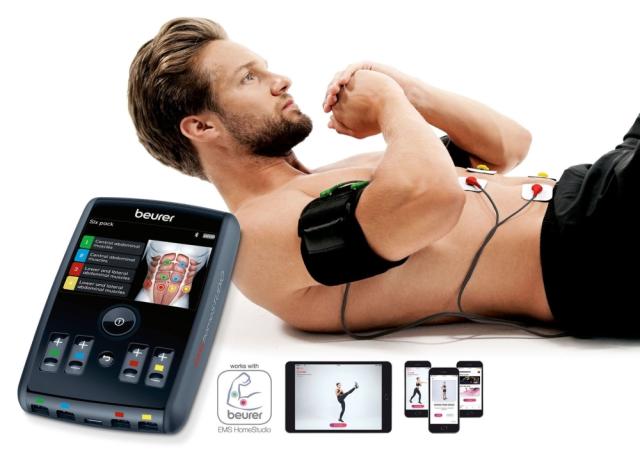 Масажор Beurer  EM 95 High-end EMS device with Bluetooth, for muscle stimulation, 4 separately adjustable channels, 4 cuffs (for arms and legs), 8 self-adhesive gel electrodes (45x45mm),3 difficulty levels,40 programs,Colour 3.5” TFT display,Beurer C