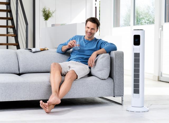 Вентилатор Beurer LV 200 Tower fan, 3 operating modes (Basic, Nature, Sleep), 3 fan levels, Timer function (1-15 hours), Oscillation appr. 50 degrees, Displays the room temperature, Remote control, 43 - 58 dB, Practical handle, Slat height: 46 cm, 91