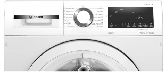 Пералня със сушилня Bosch WNA144V0BY, SER4 Washer-dryer 9/5kg, E/B, 1400rpm, 49/70/59dB(A), waveDrum 63l, W/W+D 46/74l 3:44/7:30h, Iron Assist, white-white door