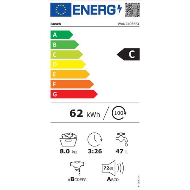 Пералня Bosch WAN24065BY, SER4 Washing machine 8kg, C, 1200rpm, 51/72dB(A), 4 options silver-blackgrey door