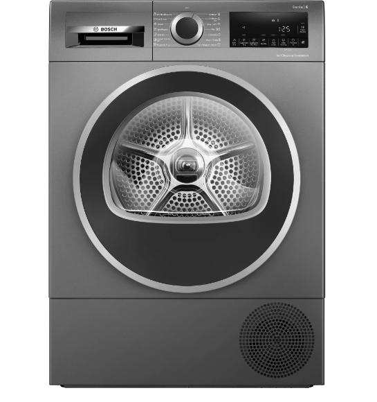 Сушилня Bosch WQG235DREU, SER6 Tumble dryer with heat pump 8kg A+++ / A cond., 64dB, selfCleaning Condenser, Reverse tumble action, silver/black grey door, Cast iron grey
