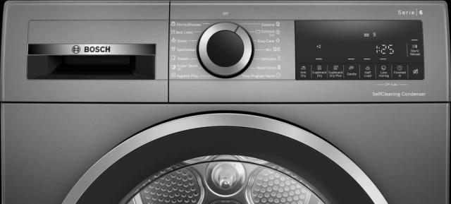 Сушилня Bosch WQG235DREU, SER6 Tumble dryer with heat pump 8kg A+++ / A cond., 64dB, selfCleaning Condenser, Reverse tumble action, silver/black grey door, Cast iron grey