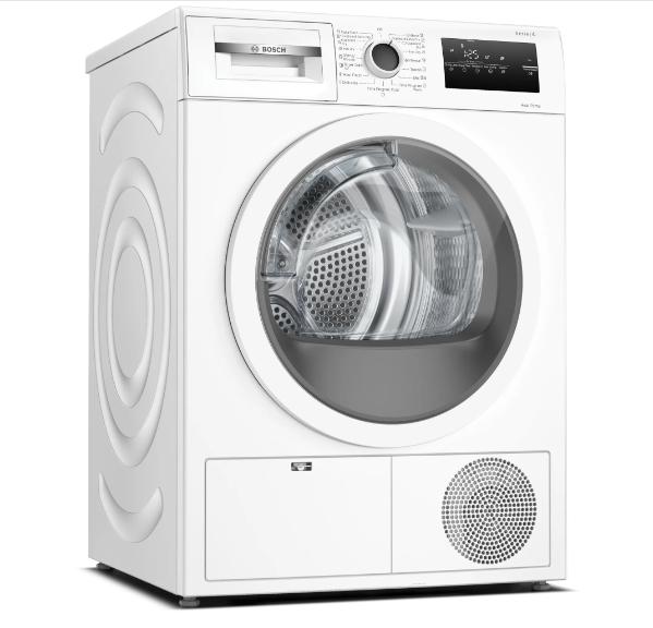 Сушилня Bosch WTH85205BY, SER4 Tumble dryer with heat pump 7kg A++ 65dB EasyClean, white-blackgrey door, drain kit acc. WTZ1110