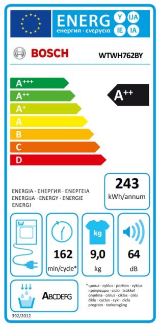 Сушилня Bosch WTWH762BY, SER4 Tumble dryer with heat pump 9kg A++ / A cond., 64dB, drain set, SelfCleaning condenser, interior light, lint trap, silver-black door, speed compressor, HC
