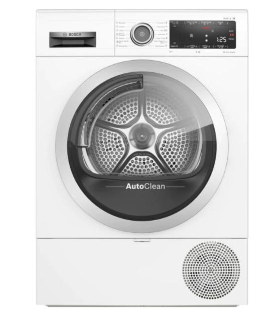 Сушилня Bosch WTX87K01BY, SER4 Tumble dryer with heat pump 9kg A++ / A cond., 62dB, AutoClean, drain set, Iron Assist, interior light, silver-black grey door