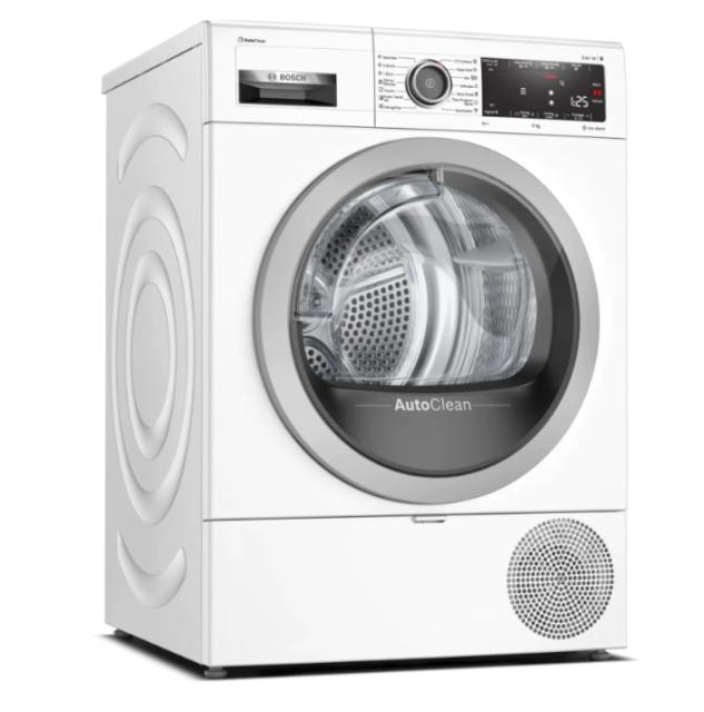 Сушилня Bosch WTX87K01BY, SER4 Tumble dryer with heat pump 9kg A++ / A cond., 62dB, AutoClean, drain set, Iron Assist, interior light, silver-black grey door
