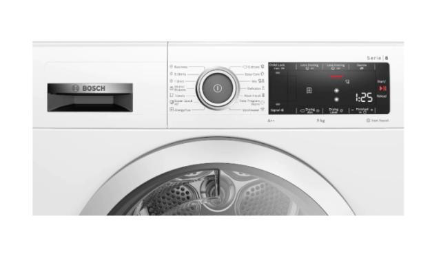 Сушилня Bosch WTX87K01BY, SER4 Tumble dryer with heat pump 9kg A++ / A cond., 62dB, AutoClean, drain set, Iron Assist, interior light, silver-black grey door
