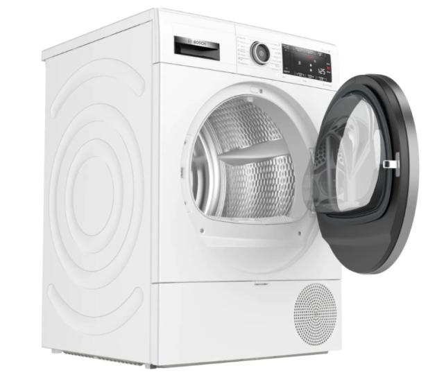 Сушилня Bosch WTX87K01BY, SER4 Tumble dryer with heat pump 9kg A++ / A cond., 62dB, AutoClean, drain set, Iron Assist, interior light, silver-black grey door