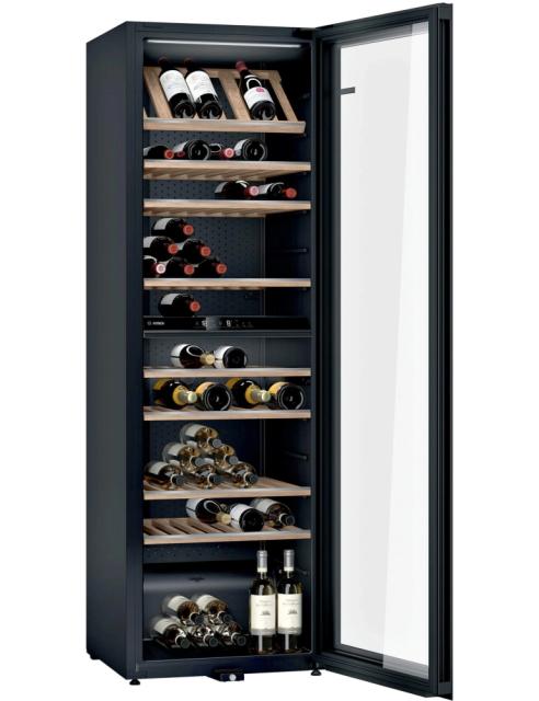 Шкаф за вино Bosch KWK36ABGA SER6 Wine display case with glass door, G, 186 x 60 x 61 cm, Number of shelves - 10, Capacity for bottles of 750 ml - 199, Temperature range (° C) - 7-19 ° C, 38 dB (A), Number of temperature zones - 2