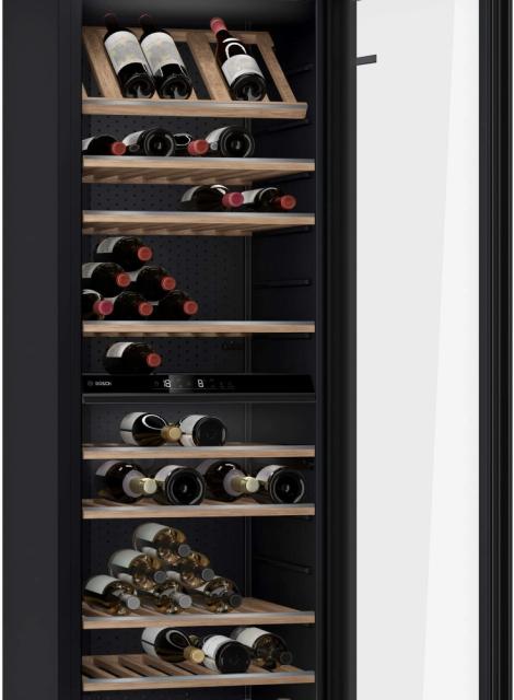 Шкаф за вино Bosch KWK36ABGA SER6 Wine display case with glass door, G, 186 x 60 x 61 cm, Number of shelves - 10, Capacity for bottles of 750 ml - 199, Temperature range (° C) - 7-19 ° C, 38 dB (A), Number of temperature zones - 2