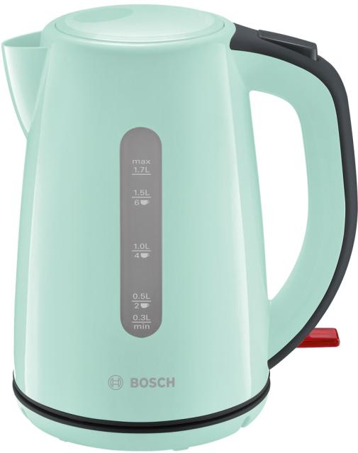 Електрическа кана Bosch TWK7502, Plastic kettle, cordless, 1850-2200 W, 1.7 l capacity, automatic switch off, mint turquoise/black grey