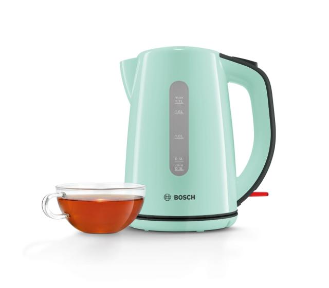 Електрическа кана Bosch TWK7502, Plastic kettle, cordless, 1850-2200 W, 1.7 l capacity, automatic switch off, mint turquoise/black grey