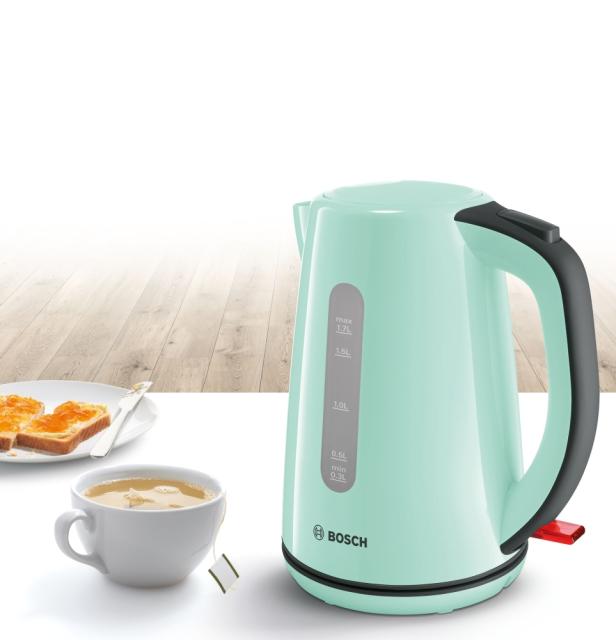 Електрическа кана Bosch TWK7502, Plastic kettle, cordless, 1850-2200 W, 1.7 l capacity, automatic switch off, mint turquoise/black grey