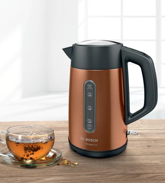 Електрическа кана Bosch TWK4P439, Kettle, DesignLine, 2000-2400 W, 1.7 l,  OneCup function, Copper