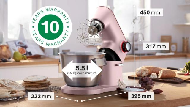 Кухненски робот Bosch MUM9A66N00, OptiMUM, 3D PlanetaryMixing,  1600 W, 7 speeds, Extra large stainless steel bowl 5.5 l, All-Metal Body, Silver-Pink