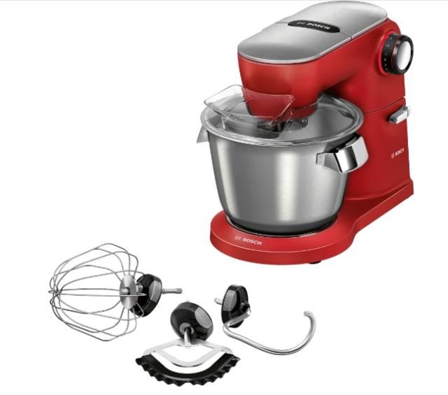 Кухненски робот Bosch MUM9A66R00, OptiMUM, 3D PlanetaryMixing,  1600 W, 7 speeds, Extra large stainless steel bowl 5.5 l, All-Metal Body, OptiMUM pastry set, Silver-Cherry red