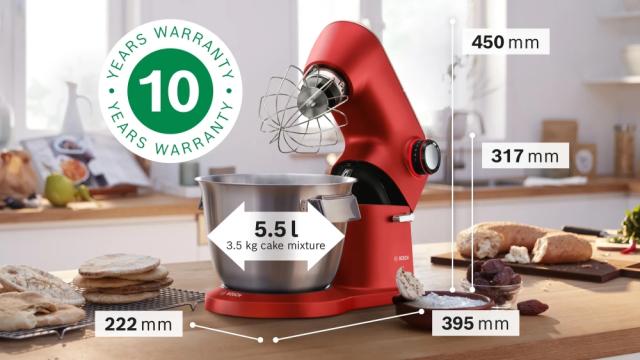 Кухненски робот Bosch MUM9A66R00, OptiMUM, 3D PlanetaryMixing,  1600 W, 7 speeds, Extra large stainless steel bowl 5.5 l, All-Metal Body, OptiMUM pastry set, Silver-Cherry red
