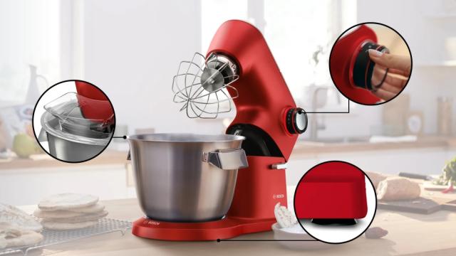 Кухненски робот Bosch MUM9A66R00, OptiMUM, 3D PlanetaryMixing,  1600 W, 7 speeds, Extra large stainless steel bowl 5.5 l, All-Metal Body, OptiMUM pastry set, Silver-Cherry red