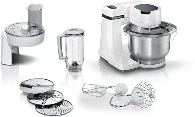 Кухненски робот Bosch MUMS2EW20, Kitchen machine, MUM Serie 2, 700 W, Large 3.8L stainless steel bowl, 3D PlanetaryMixing, 4 speeds, Pastry set, 3 discs, TR blender 1.25 l, White